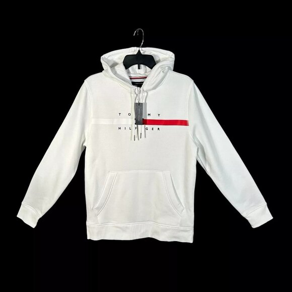 Tommy Hilfiger Men's Pullover Fleece Hoodie Sweatshirt Size M White Flag Stripe - Picture 2 of 9